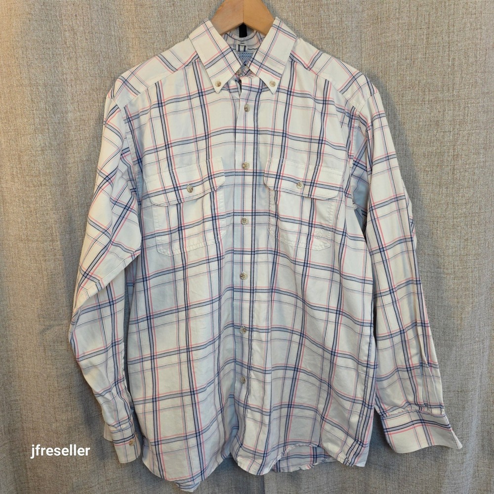 Ariat Pro Series Mens Medium Plaid Button Down Shirt Blue Pink White Long Sleeve